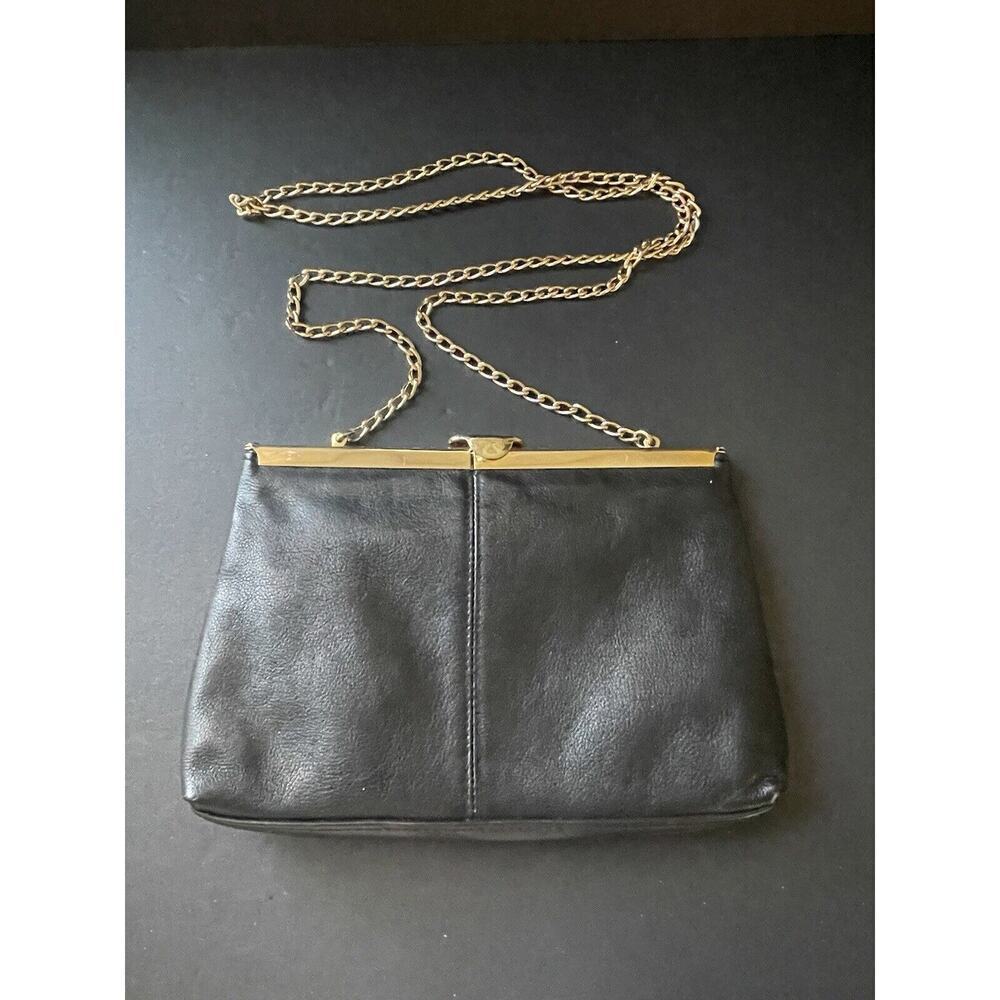 Vtg. Womens Leather Handbag Clutch 60s Cocktail Eveningwear Gold Chain